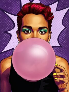 Person with bold makeup and red hair blowing a bubble gum in pop art style illustration sequence.