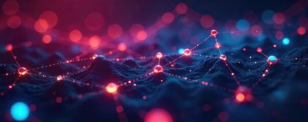 A network of glowing nodes interconnected, forming a dynamic and complex web of connections, symbolizing interactive communication and digital networking , glow, points