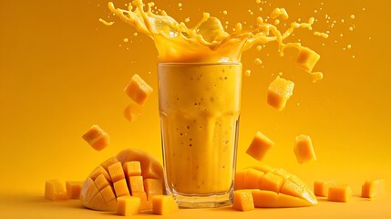Refreshing Mango Smoothie Splashing in Glass with Tropical Fruit Pieces