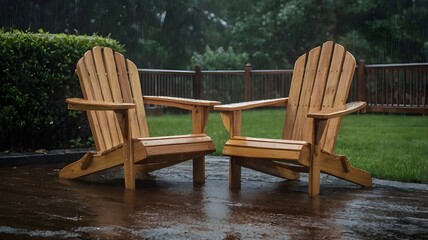 Wooden Adirondack chair on a wet patio after rainfall, capturing rustic outdoor charm, cozy relaxation, and serene atmosphere with natural textures and rainy day mood