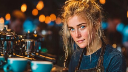 A female barista with blonde, messy hair and blue eyes looks at the camera while standing behind a coffee bar