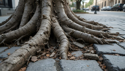Tree roots growing over urban sidewalk disrupting the pavement in a city setting