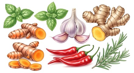Fresh Herbs and Spices Illustration | Garlic, Ginger, Turmeric, Chili, Basil & Rosemary
