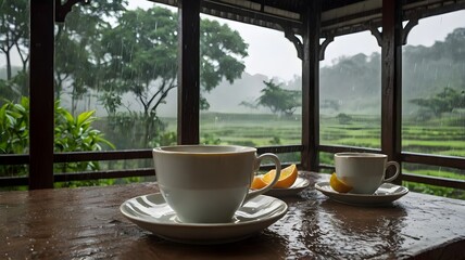 Sipping warm tea while reminiscing, watching the rainy season’s gentle rhythm, evoking peaceful memories, comfort, serenity, and cozy reflections of nature’s calm