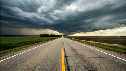Fototapeta premium Highway under a dramatic stormy sky evoking a sense of foreboding adventure and the uncertainty of travel with a