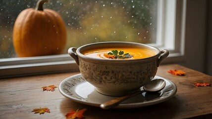 Healthy hot bowl of carrot pumpkin soup at home, cozy autumn comfort food with rainy window, fall leaves, homely stew, warmth, wellness, and seasonal nourishment