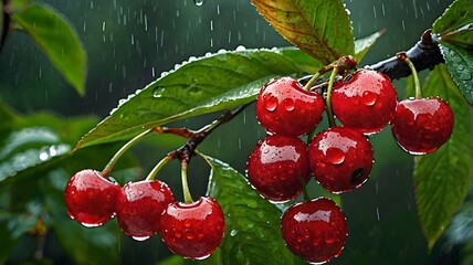 Vibrant red cherries glistening with raindrops on a leafy branch, set in a lush mountainous landscape during the rainy season, showcasing fresh nature’s beauty