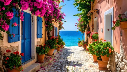Obraz premium Calle mediterránea con buganvillas, macetas y mar azul de fondo