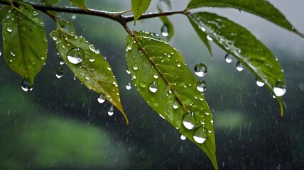 Raindrops on the leaves of a tree branch, capturing nature’s refreshing beauty, tranquil greenery, and sparkling water droplets in a serene rainy season atmosphere