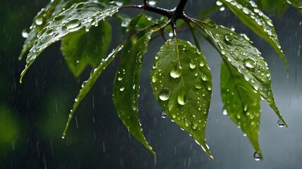 Raindrops on the leaves of a tree branch, capturing nature’s refreshing beauty, tranquil greenery, and sparkling water droplets in a serene rainy season atmosphere