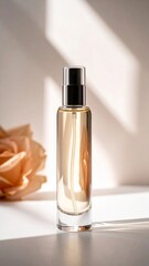 Naklejka premium Elegant Perfume Bottle with Delicate Rose Blossom and Soft Shadows on White Background