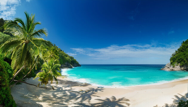 breathtaking tropical beach paradise white sands meet turquoise ocean framed by lush cliffs palm trees witness clear waters beauty stunning coastal vista with tropical vibe