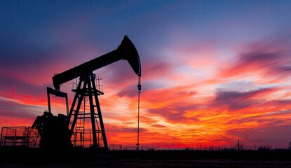 Oil pumpjack silhouette stands against the vibrant hues of a fiery sunset sky