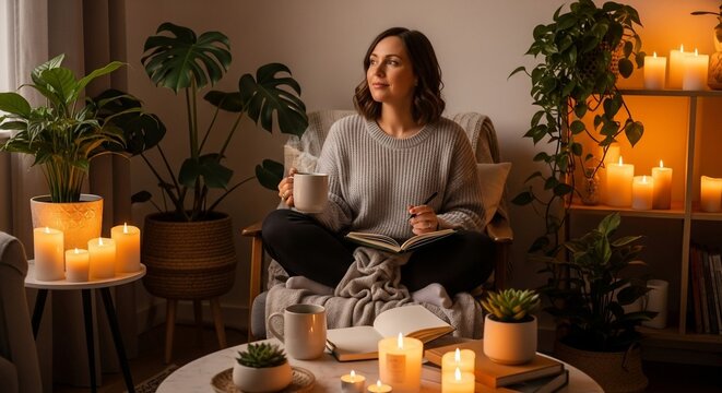 Tranquil Moments: A woman finds peace amidst a collection of lush plants and soft candlelight, holding a cup of tea and a journal, lost in thought and contemplation.