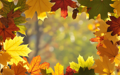 Fototapeta premium Frame of Yellow Maple Leaves and Red Oak Leaves with Acorns Background