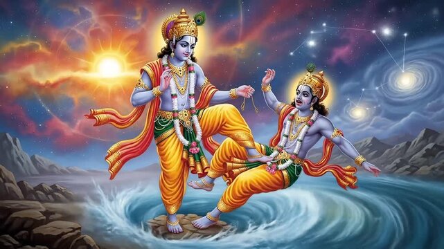 Krishna and Arjuna Divine Companions Guiding Through the Cosmos, a depiction of Hindu Mythology, spirituality and wisdom