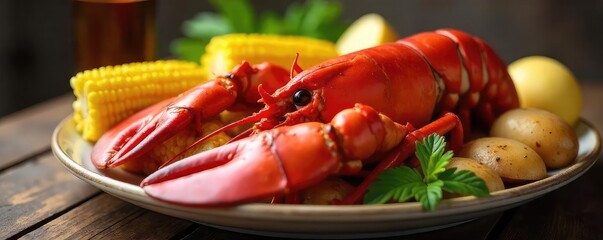 A classic New England lobster boil, featuring succulent lobster meat, corn on the cob, and potatoes Perfectly cooked and ready to enjoy A timeless summer feast , cooking, prepared, rustic