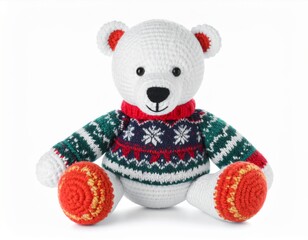 Knitted Stuffed White Polar Bear Toy Wearing Colorful Sweater on White Background