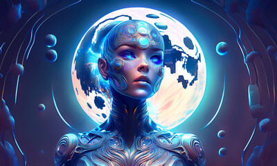 futuristic woman   robot with space background ,  innovation world concept