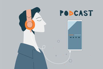 Man with headphones listening to podcast or radio on smartphone, Represents modern digital learning.