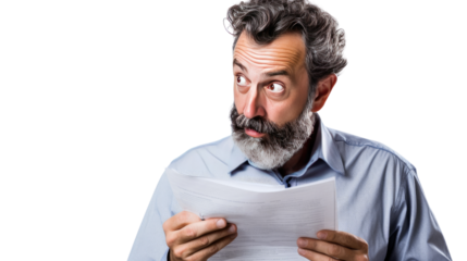Man pondering over document with confusion and uncertainty isolated on white background