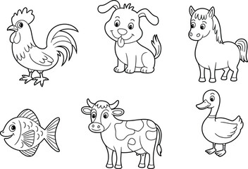 Cute farm animals cartoon collection, rooster, dog, horse, fish, cow, duck, black and white vector illustrations for kids