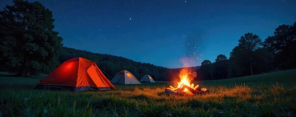 A crackling campfire under a starlit summer sky, illuminating tents pitched in a lush green meadow  Perfect for a summer camping adventure brochure or website ,  rustic,  summer night