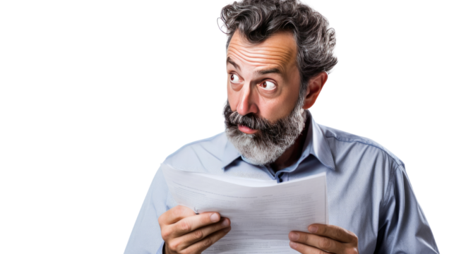 Man pondering over document with confusion and uncertainty isolated on white background - Powered by Adobe