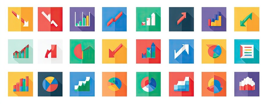 Collection of colorful flat icons depicting various chart types, showing upward and downward trends, pie charts, and bar graphs