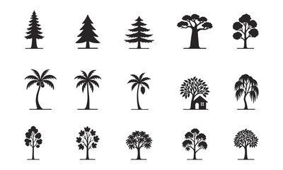 Set of tree in silhouette. Tree set vector illustration. Isolated on white background.