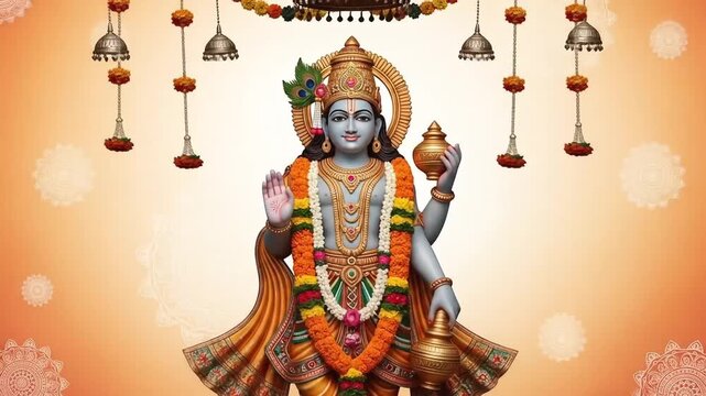 Majestic depiction of Lord Vishnu, a revered deity in Hinduism, with his divine attributes, exuding serenity and grace, showcasing the essence of spirituality and devotion