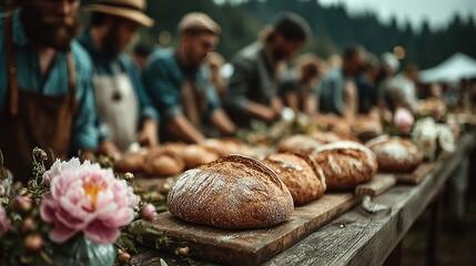 Farmers market with bread, produce, flowers, and bustling shoppers