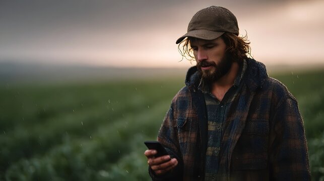 Farmer using smartphone to monitor weather forecast for smart agriculture