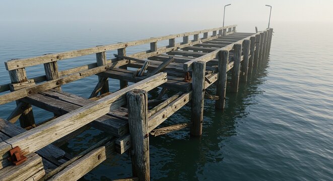 A weathered wooden pier extends into a calm expanse of water under a hazy sky at the tranquil coast - Powered by Adobe