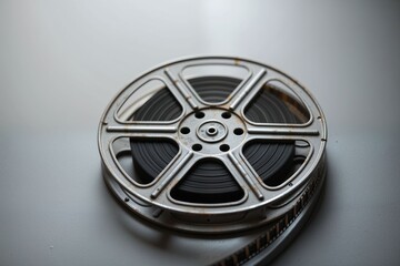 Obraz premium Vintage Film Reel on White Surface with Filmstrip Background