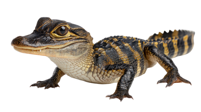 Cute Alligator Portrait: A captivating portrait of a small alligator, showcasing its intricate patterns and features with a direct, eye-level gaze.