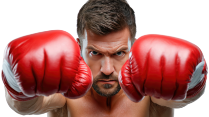 Boxer's Fierce Gaze: A determined boxer, clad in striking red gloves, fixes a stern gaze upon the viewer, embodying power, focus, and the thrill of the fight.