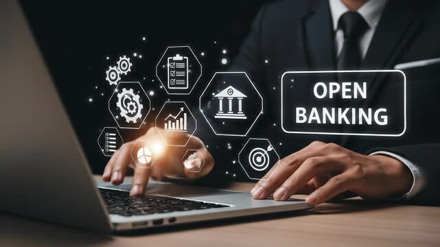 Open Banking Concept: Businessman Using Laptop with Financial Technology Icons - Data Sharing, Innovation, and Secure Online Banking Solutions