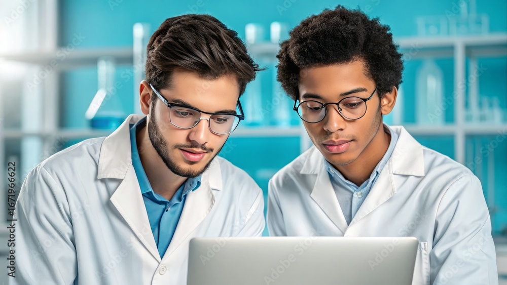 Poster two scientists collaborating on research using a laptop in a modern laboratory space