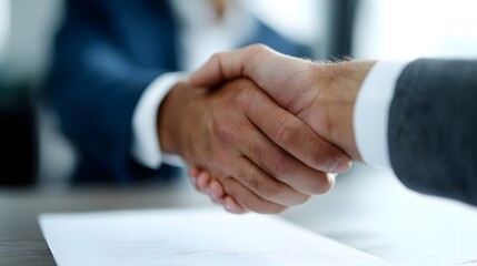 Business partners closing a deal with a handshake over a contract