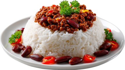 Delicious Chili and Rice: A gourmet culinary creation features a hearty portion of flavorful chili served atop a fluffy bed of perfectly cooked rice.
