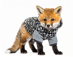 Obraz premium Portrait of a Red Fox Posing in Gray Winter Knitted Sweater Isolated on White