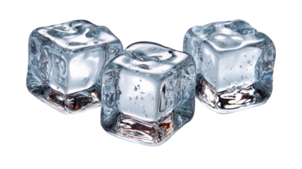 Crystal Clear Cubes: A close-up view of three meticulously crafted ice cubes, each showcasing exquisite clarity and pristine perfection, reflecting a captivating and refreshing coolness.