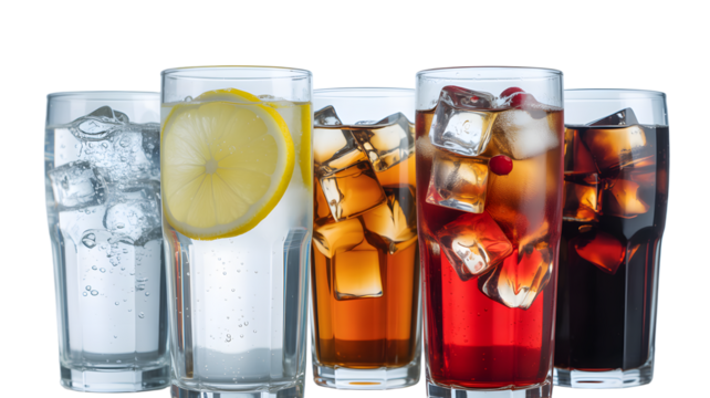 Refreshing assortment of cold drinks with ice in tall glasses sparkling and inviting