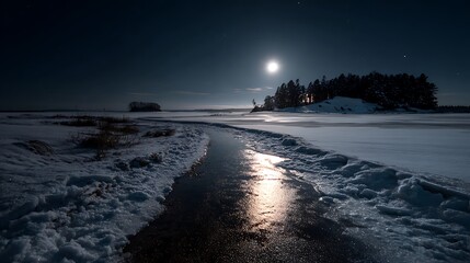 nighttime snowfield path illuminated by moon with reflection
