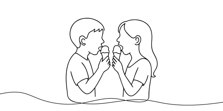 Children eating ice cream, continious line drawing. Summer holidays outline. Vector illustration