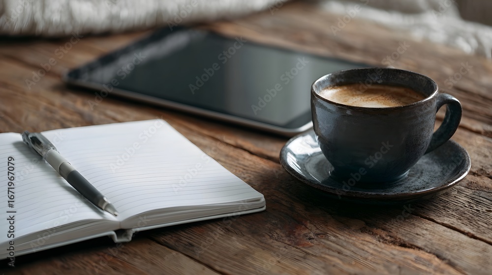 Poster a cozy workspace with a notebook tablet and coffee long title a peaceful and organized home office s