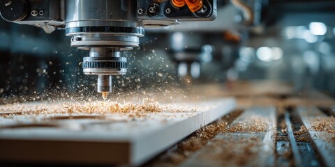 CNC machine precisely cuts wood, creating wood chips with precision. Industrial process