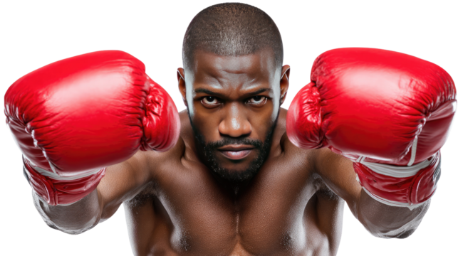 Boxer's Intense Gaze: A focused boxer, embodying strength and determination, stands poised with red boxing gloves, his gaze fixed in unwavering concentration. 