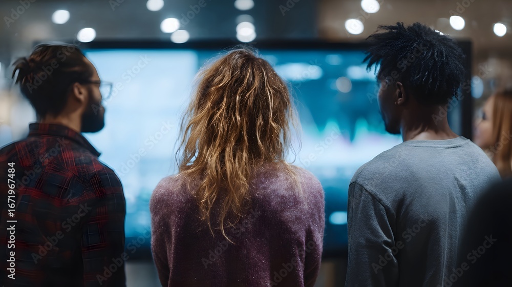 Poster group reviewing sales metrics on a large screen during a performance review meeting
